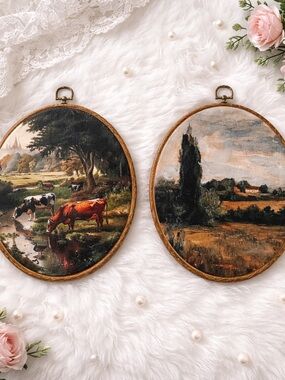 Paintings of (2) Pastoral Country Landscape Scenery Wall Art Decor Cows Oval EUC
